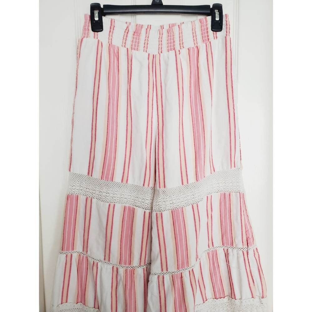 Angie Wide Leg Smocked Trousers Pink White Striped Boho Crochet Tiered Cotton M - Picture 3 of 11